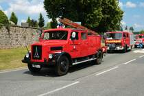 Magirus Deutz Löschfahrzeug am 04.07.21 bei einer Oldtimer Parade zum Jubiläum 75 Jahre Kreisfeuerwehrverband Gießen in Lich (Hessen)