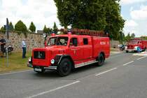 Magirus Deutz Löschfahrzeug am 04.07.21 bei einer Oldtimer Parade zum Jubiläum 75 Jahre Kreisfeuerwehrverband Gießen in Lich (Hessen)