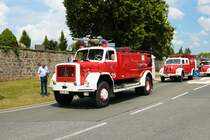 Magirus Deutz Löschfahrzeug am 04.07.21 bei einer Oldtimer Parade zum Jubiläum 75 Jahre Kreisfeuerwehrverband Gießen in Lich (Hessen)