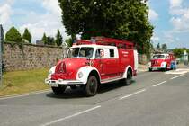 Magirus Deutz Löschfahrzeug am 04.07.21 bei einer Oldtimer Parade zum Jubiläum 75 Jahre Kreisfeuerwehrverband Gießen in Lich (Hessen)