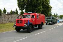 Magirus Deutz Löschfahrzeug am 04.07.21 bei einer Oldtimer Parade zum Jubiläum 75 Jahre Kreisfeuerwehrverband Gießen in Lich (Hessen)