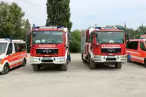 Feuerwehr Daxberg und Aschaffenburg MAN TGM LF20 Kats am 24.07.21 auf dem Festplatz nach der Ankunft des Hilfeleistungskontingent Hochwasser/Pumpen Aschaffenburg aus dem Katastrophengebiet in Rheinland Pfalz
