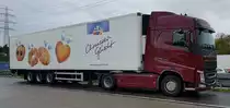 =Volvo-Sattelzug der Spedition HÄFLIGER aus der Schweiz steht im Mai 2021 auf einer Rastanlage an der A 5