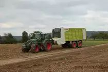 Fendt Vario 724 mit Claas Cargos 9500 Ladewagen am 28.10.21 bei der Maisernte in der Wetterau
