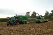 Kai Ruppel Fendt One 724 mit Fortune Abschiebewagen und Claas Jaguar 970 am 28.10.21 bei der Maisernte in der Wetterau