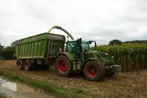 Kai Ruppel Fendt One 724 mit Fortune Abschiebewagen am 31.10.21 bei der Maisernte in der Wetterau