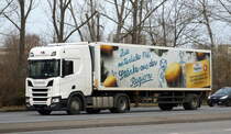 Nickel-Goeldner Speditions GmbH für REWE mit einem Sattelzug mit SCANIA R 450 Zugmaschine am 03.02.22 Berlin Marzahn