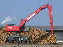 Ein Mantsinen 120 Hafenkran war Ende März 2022 in Wismar zu sehen.