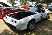 Pontiac Firebird Trans Am Pace Turbo Car von 1980. Um daran zu erinnern das ein Pontiac Trans Am im Jahr 1980 sowohl das Indy 500 Rennen, als auch die 500 Meilen von Daytona gefahren ist, brachte die GM-Division Pontiac dieses Sondermodell auf den Markt. Das Modell war auf 5700 Stück limitiert und ausschließlich in weiß lieferbar. Der V8-Motor mit Turboaufladung hat einen Hubraum von 4942 cm³ und leistet 210 PS. Oldtimertreffen der Magnolia Classic Cruiser in Pascagoula/Jackson County/Mississippi im September 2021.