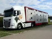 DAF XG+ aus Polen, mit Großviehtransportsattelauflieger vor den FIH-Stallungen in Ried; 220901