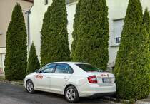 Rückansicht: Skoda Rapid Liftback, Firmenwagen von E-on. Foto: 04.2021.