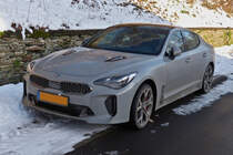 Kia Stinger GT, hat einen freien Parkplatz am Straenrand gefunden. 01.2023