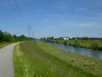 Radweg entlang der Kinzig, im Hintergrund die Gebäude von Offenburg, Juni 2013