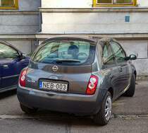 Rückansicht: Nissan Micra K12 dreitürer. Foto: 08.2021.