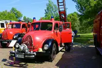 Feuerwehrmuseum Frankfurt am Main Magirus Deutz Hauber Drehleiter am 03.06.23 bei einer Fahrzeugausstellung