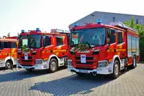 Feuerwehr Rodgau Scania P320 HLF20 Mitte und Süd am 08.06.23 beim Tag der offenen Tür feierlich geschmückt für die Fahrzeugübergabe