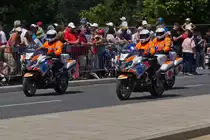 Eine kleine Motorradstaffel der Luxemburgischen Polizei, ist bei der Militärparade in der Stadt Luxemburg mit dabei. 23.06.2023