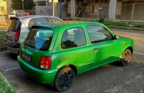 Rückansiht / Seitenansicht: Nissan Micra K11 in Apple Green. Foto: 12.2021.