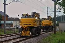 Gleich zwei Caterpillar Zweiwegefahrzeuge, aufgenommen nahe eine Bahnbaustelle in Enscherange. 25.08.2023