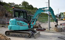 Minibagger KOBELCO SK50SRX am 03.09.23 Baustelle Berlin Lichtenberg.
