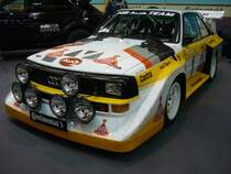 Audi Sport Quattro des HB-Audi-Teams. Einer von insgesamt 220, in den Jahren 1984 und 1985 produzierten Audi Sport Quattro. Von diesem  Rallyewagen  kamen ca. 170 Autos zu einem Preis ab DM 195.000,00 in den freien Verkauf. In der S1 genannten Rallyeversion hat der Wagen eine Leistung von 450 PS aus einem Hubraum von 2986 cm³. Essen Motorshow am 06.12.2023.