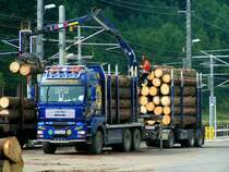 MAN (Woodrailer) bei der Rundholzverladung am Bhf. Frankenmarkt _070808