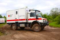 DRK Mercedes Benz Unimog U4023 I-KTW auf dem Rettmobil Parcours unterwegs am 17.05.24
