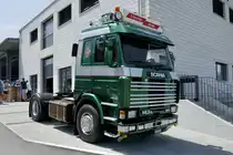 Ein Scania von E. Oeschger am 14.6.25 in Huttwil., zum 15 Jährigen Jubiläum des Trucker Land waren auch einige Trucker vor Ort.