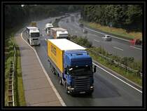 Ein Subunternehmer ist mit einem SCANIA TOPLINE \8/ R500 f�r DACHSER FOOD Logistik unterwegs. (24.07.2009)