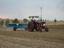 Universal 650 mit Tellerdngerstreuer auf dem Feld in Rottelsdorf beim Schlepertreffen