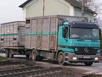 ACTROS1840 mit Gro�viehtransportaufbau �berquert den Bahn�bergang der B10 bei Bruck/L;091126