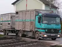ACTROS1840 mit Gro�viehtransportaufbau �berquert den Bahn�bergang der B10 bei Bruck/L;091126