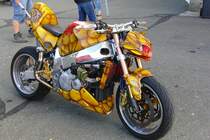 Kunstvoll lackiertes Motorrad,gesehen auf dem Parkplatz des Biergarten bei Katie-Bru in Heckenhof(das liegt in der Frnkischen Schweiz bei Hollfeld und ist ein sehr beliebter Treffpunkt fr Biker aus ganz Deutschland)am 19.09 2009 war hier die Hlle los.