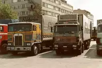 Kenworth K100 und ein MB von Friderici im werbegebiet von Basel. Beginn jahren '80.