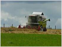 Zum Vergleich mit ID 40689, die moderne Getreideernte von heute, hier mit einem Claas Medion 310 Mhdrescher, gesehen am 02.08.2010 im Norden von Luxemburg.