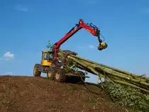 Schwere Forstmaschine im Einsatz. Der Welte 210 ist eine 6-R�dige R�cke und Kombimaschine von Welte mit Rahmenknicklenkung. Angetrieben wird das Fahrzeug von einem 6-Zylinder wassergek�hlten Deutz Turbo-Motor mit Ladeluftk�hler mit 7150 ccm Hubraum und 235 PS, max. Geschwindigkeit 40 km/h. Mit dem Kran werden die St�mme auf die Klemmbank gelegt und dann aus den Wald zur Strasse gezogen. Mit dem 6Radantrieb ist dies selbst in schwierigsten Gel�nde m�glich. Statt der Klemmbank kann auch ein Rungenkorb zum Transport kurzer St�mme montiert werden. Dieses Fahrzeug besitzt ausserdem noch  eine Doppeltrommelseilwinde mit 14 Tonnen Zugkraft um Baumst�mme aus unzug�nglichen Gel�nde zu bergen. Zu sehen war das ganze am 10.08.2010 in Aachen auf der Campusbaustelle Melaten, wo ein Wald dem Bauvorhaben der RWTH Aachen weichen mu�.  