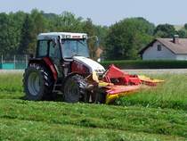 STEYR975 erntet mit dem angebautem Frontmhwerk das noch relativ kurze Gras ;100821
