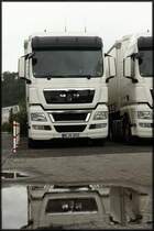 In einer Pftze spiegelt sich ein TGX 18.440XXL. (29.08.2010)