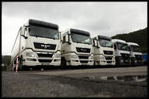 Froschperspektive: MAN TGX 18.440XXL stehen am Sonntagnachmittag in Finnentrop. (29.08.2010)