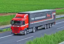 Scania R 380 Pritschenauflieger auf der A61 bei Heimerzheim - 31.08.2010