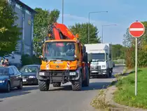 Unimog mit Palfinger Kran am 23.09.2010 auf dem Seffenter Weg in Aachen.