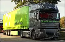 Dieser DAF hat  nur  410PS, sieht aber irgentwie nach mehr aus....
DAF XF105.410SCC  SuperSpaceCab  der Spedition Meier. Das Unternehmen aus Rottenburg am Necker setzt �ber 100 Lkw&acute;s ein und besitzt Standorte in Rottenburg a. Necker, Nagold, Haiterbach, Offenburg, Karlsruhe und Eislingen/Fils. Man beachte das Stierbild hinter der Windschutzscheibe....
