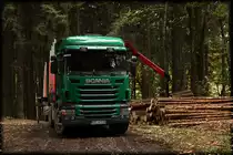 Der SCANIA R480 wird mit einem PALFINGER-Kran beladen. (L�denscheid am 22.10.2010)