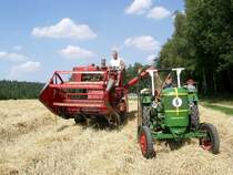 Mhdrescher Massey-Ferguson MF 31, Baujahr 1965 und Deutz D15 Baujahr 1956 bei der Erntearbeit im Sommer 2004, gesehen in 36100 Petersberg-Marbach