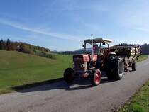 MF135 karrt einen mit Gras gefllten Ladewagen durch die herbstliche Landschaft;101122