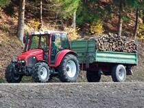LINDNER-GeoTrac73 karrt Brennholz durch die herbstliche Waldlandschaft;101103