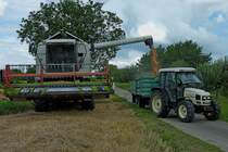 Claas Lexion 420, leert seinen Getreidebunker ins Begleitfahrzeug, Juli 2011