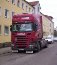 Eine Scania Sattelzugmaschiene in Sassnitz am 25.02.2012