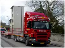 Sch�ner SCANIA G440 mit leerem H�ngerzug gesehen am 11.04.2012.
