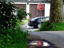 STOP-Tafel spiegelt sich in einer Wasserlache am Ende eines Feldweges;120602